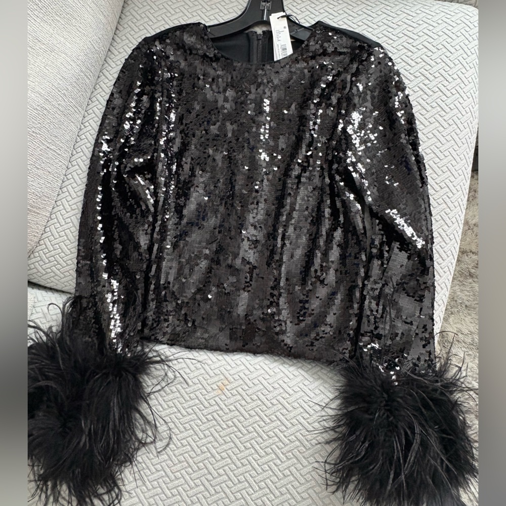 Alice + Olivia Black Sequin Top w/feather cuffs.  Size L, NWT.